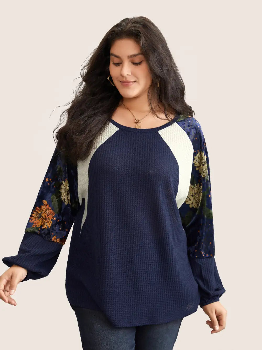 Waffle Knit Patchwork Floral Print T-Shirt