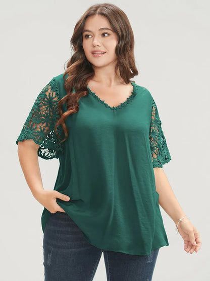 Plain V Neck Floral Patchwork Blouse