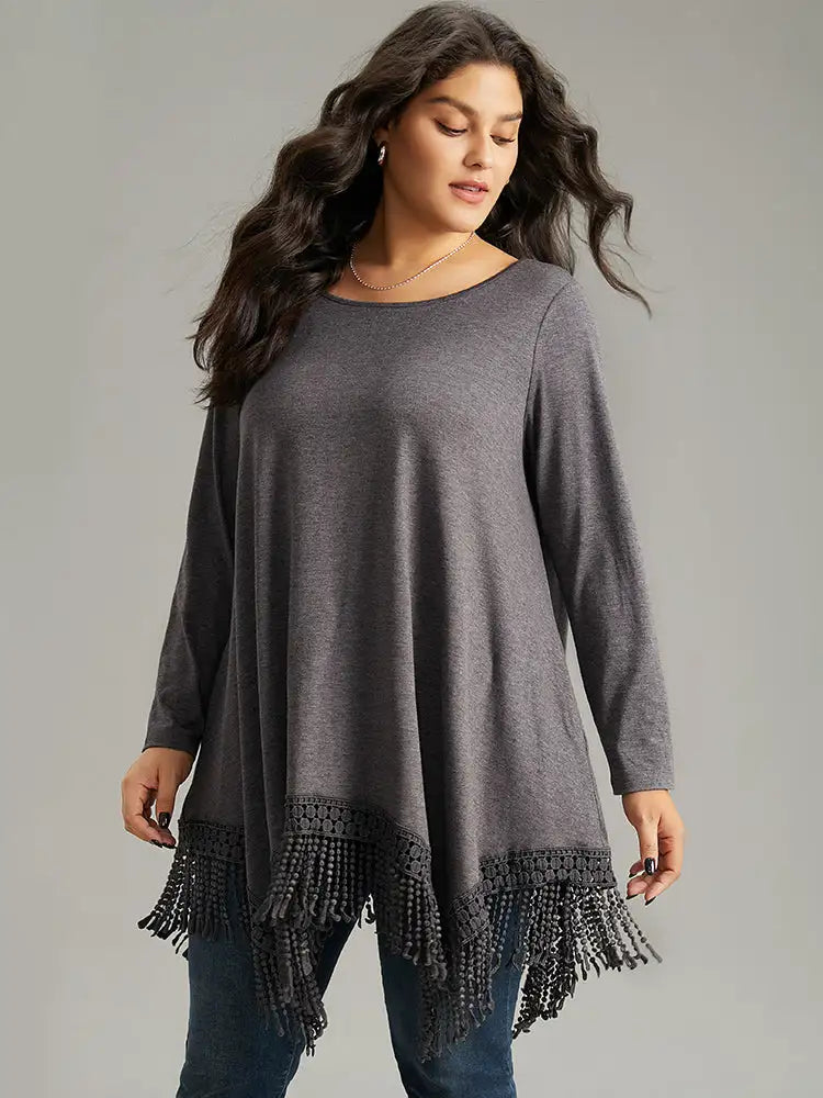 Solid Tassels Trim Pocket Asymmetrical Hem T-Shirt