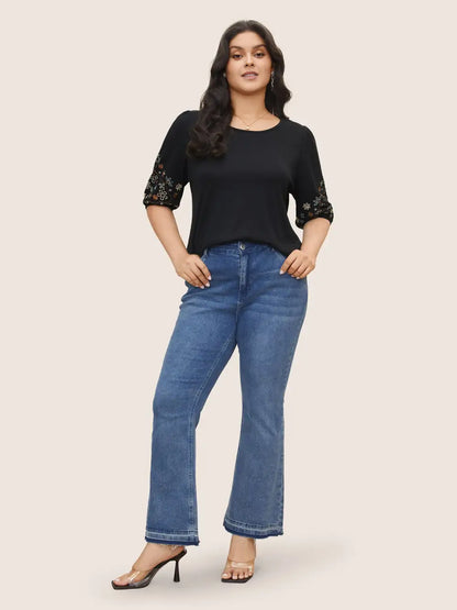 Floral Embroidered Crew Neck Puff Sleeve T-Shirt