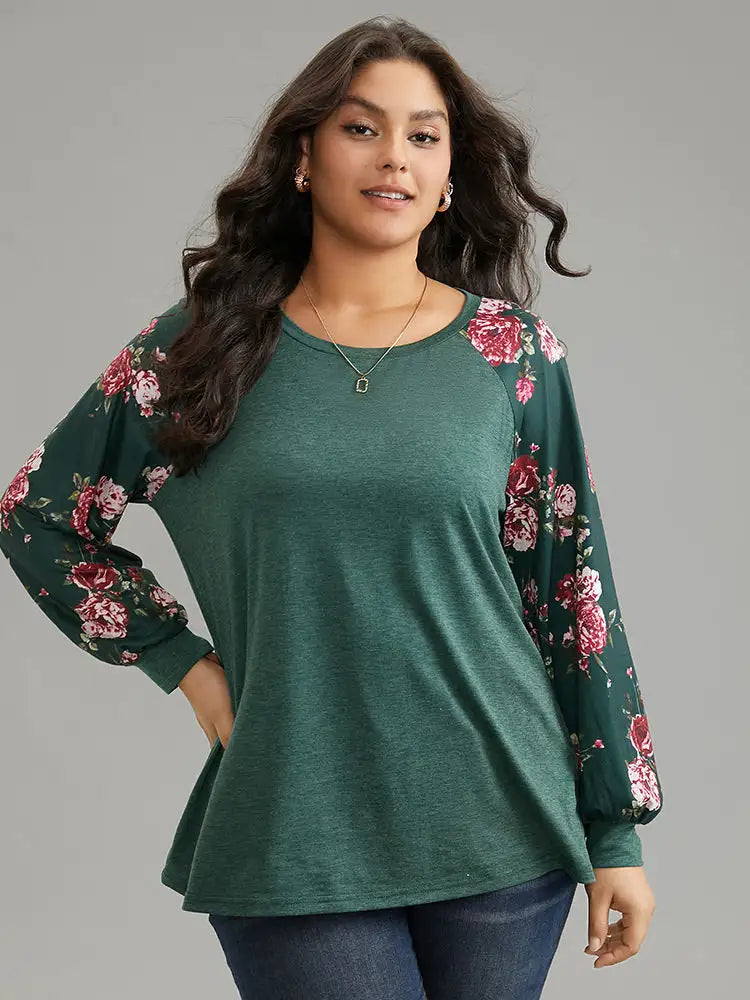 Floral Patchwork Crew Neck Raglan Sleeve T-Shirt