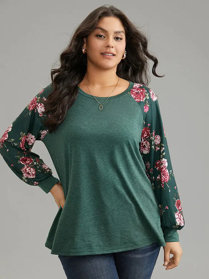 Floral Patchwork Crew Neck Raglan Sleeve T-Shirt