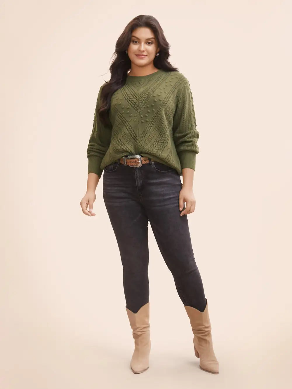 Solid Round Neck Cable Knit Pullover