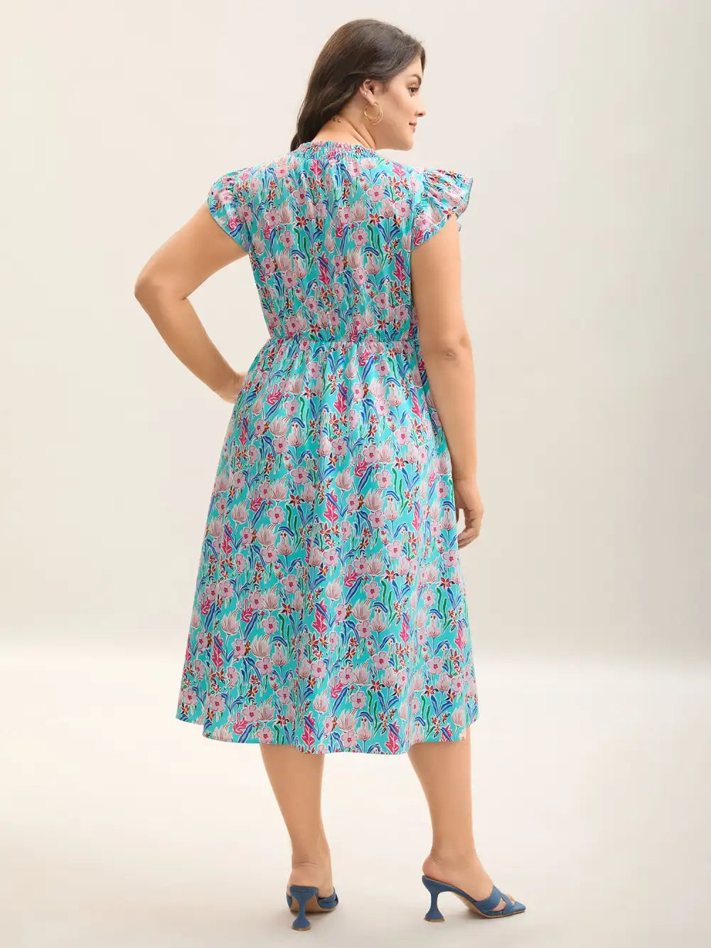 Floral Print Shirred Pockets Midi Dress