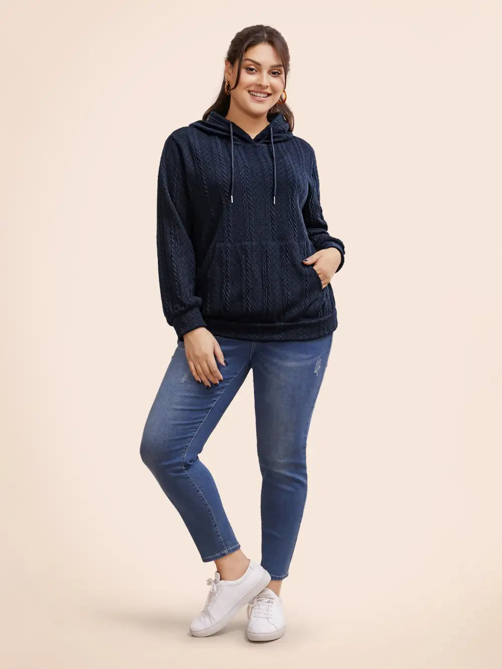Solid Cable Knit Hooded Drawstring Sweatshirt