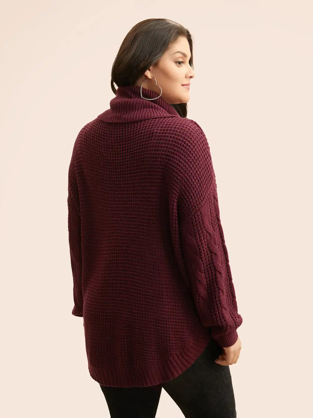 Turtleneck Cable Knit Curved Hem Pullover