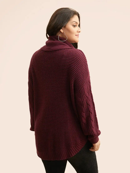 Turtleneck Cable Knit Curved Hem Pullover
