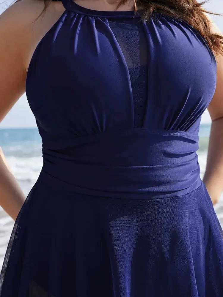 Knotted Back Mesh Insert Halter Swim Dress