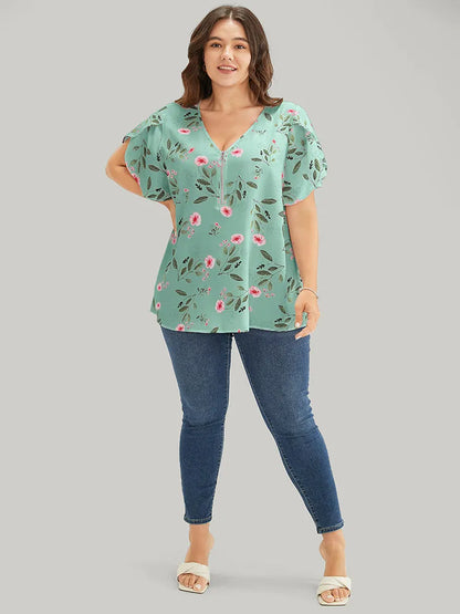 Floral O Ring Zipper Split Petal Sleeve Blouse