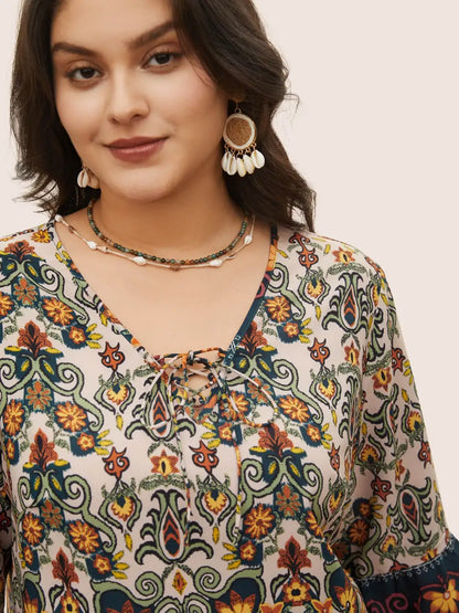 Boho Print Lace Up Bell Sleeve Blouse
