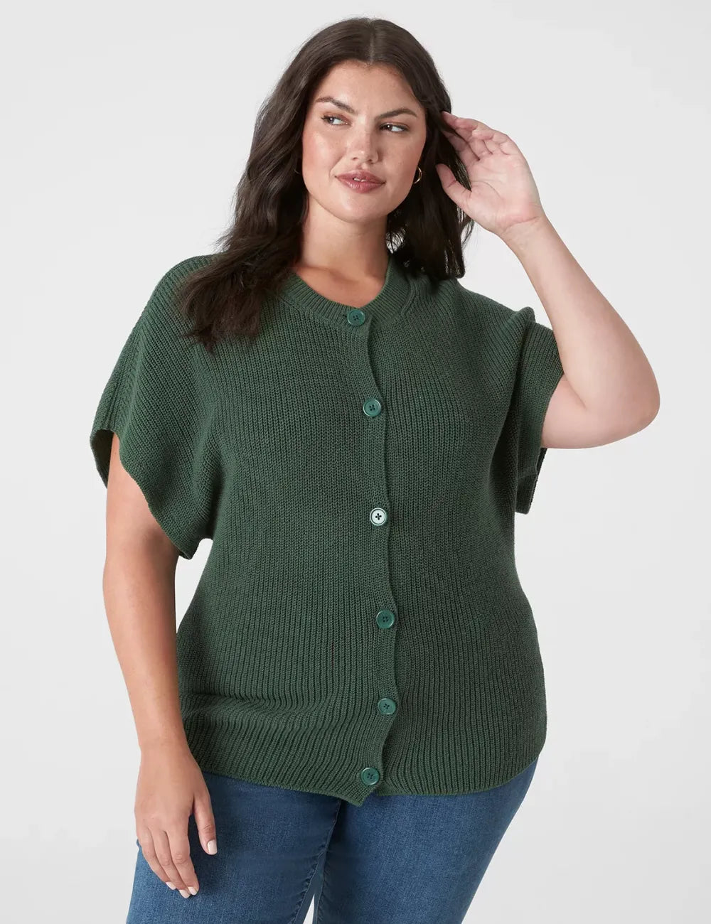 Short-Sleeve Button-Front Rib Cardigan
