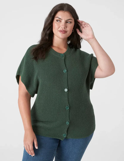 Short-Sleeve Button-Front Rib Cardigan