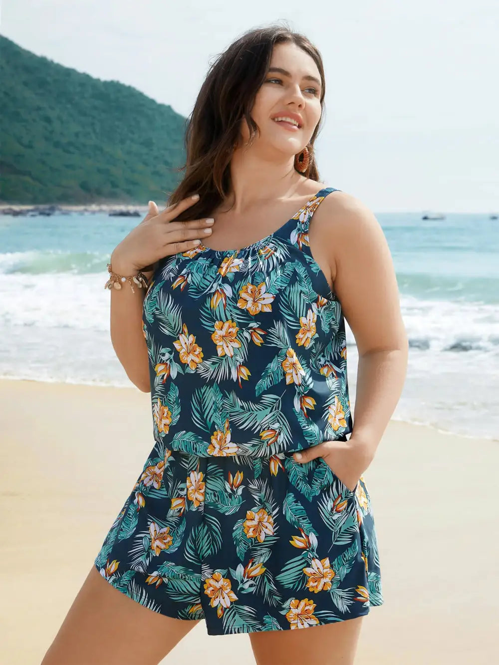 Tropical Flower Print Pockets One-Piece Swimsuit