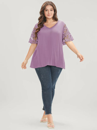 Plain V Neck Floral Patchwork Blouse