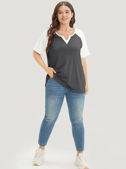 Colorblock Contrast Notched Raglan Sleeve T-shirt