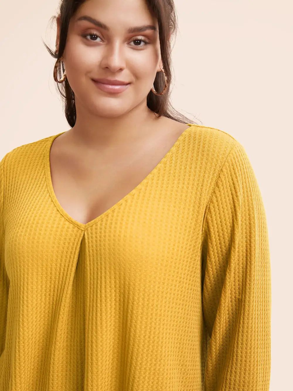 Plain Waffle Knit Scoop Neck Plicated Detail T-Shirt