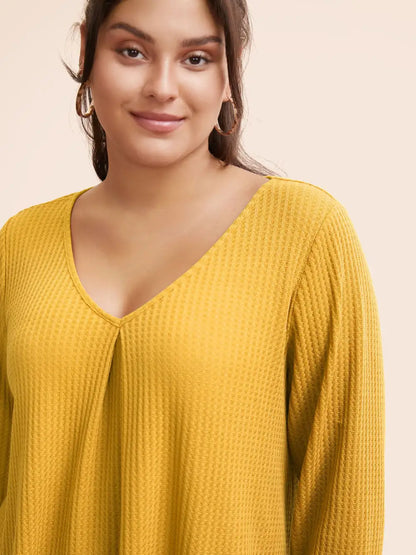 Plain Waffle Knit Scoop Neck Plicated Detail T-Shirt