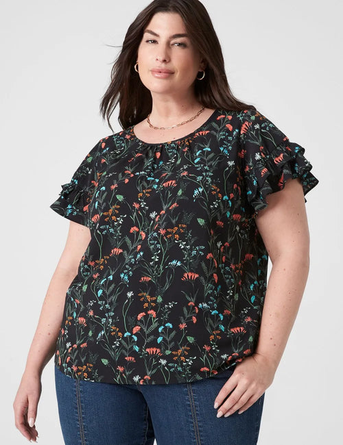 Flutter-Sleeve Crew-Neck Top