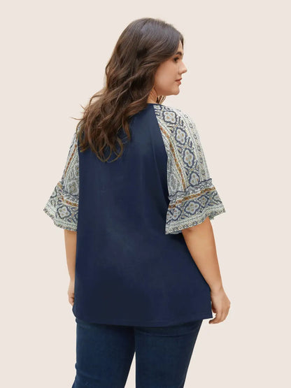 Boho Print Patchwork Raglan Sleeve T-Shirt