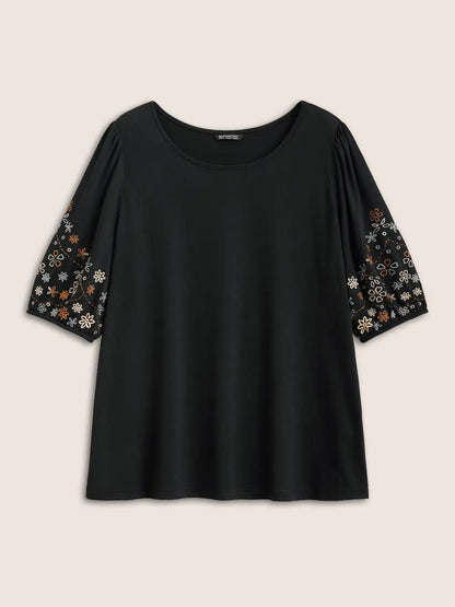 Floral Embroidered Crew Neck Puff Sleeve T-Shirt