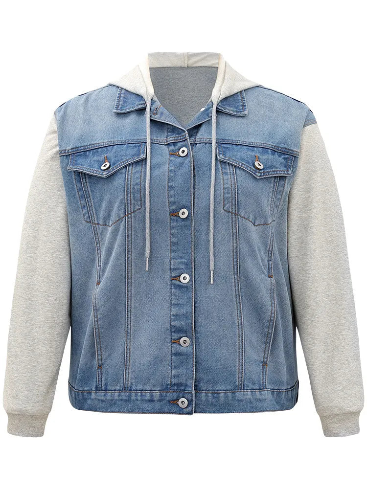 Hooded Patchwork Flap Pocket Denim Jacket