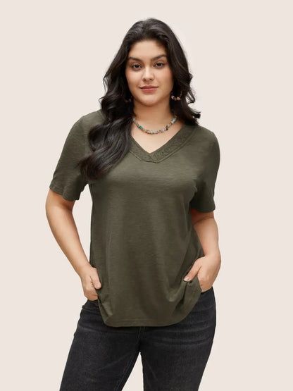 Plain V Neck Lace Panel T-Shirt