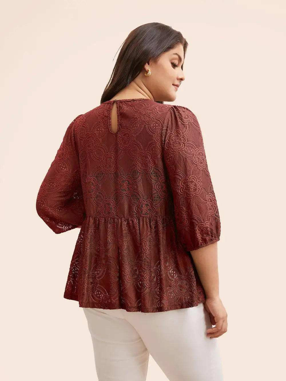 Crew Neck Crochet Lace Lantern Sleeve Blouse
