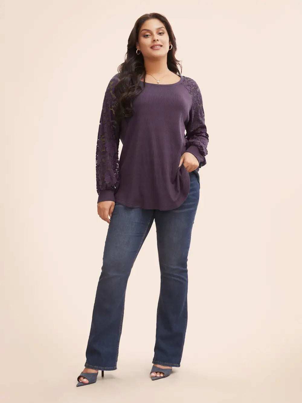 Plain Lace Panel Round Neck Raglan Sleeve T-Shirt