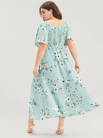 Floral Square Neck Ruffles Pocket Shirred Split Dress