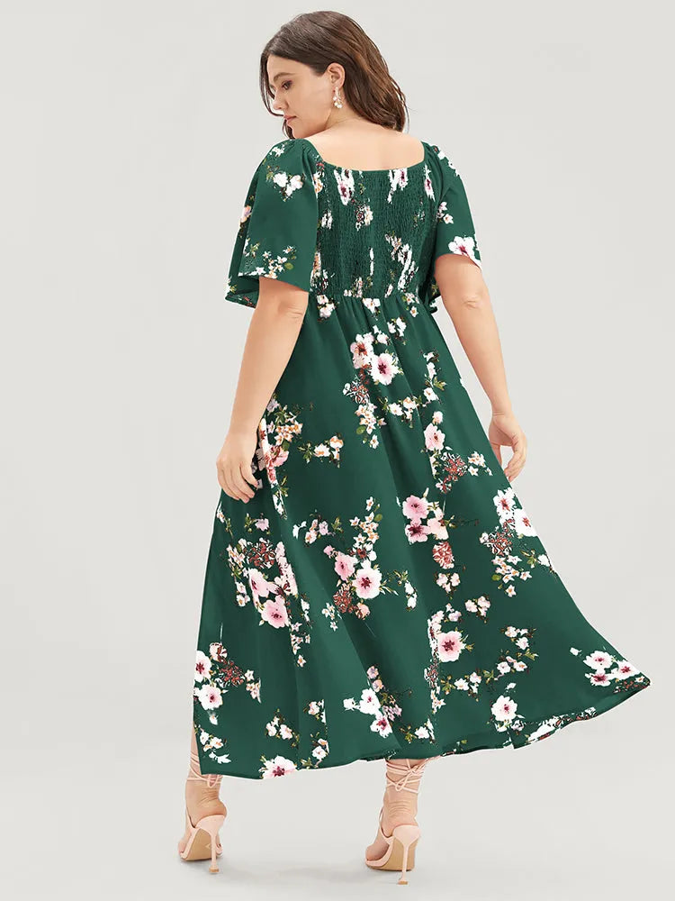 Floral Square Neck Ruffles Pocket Shirred Split Dress