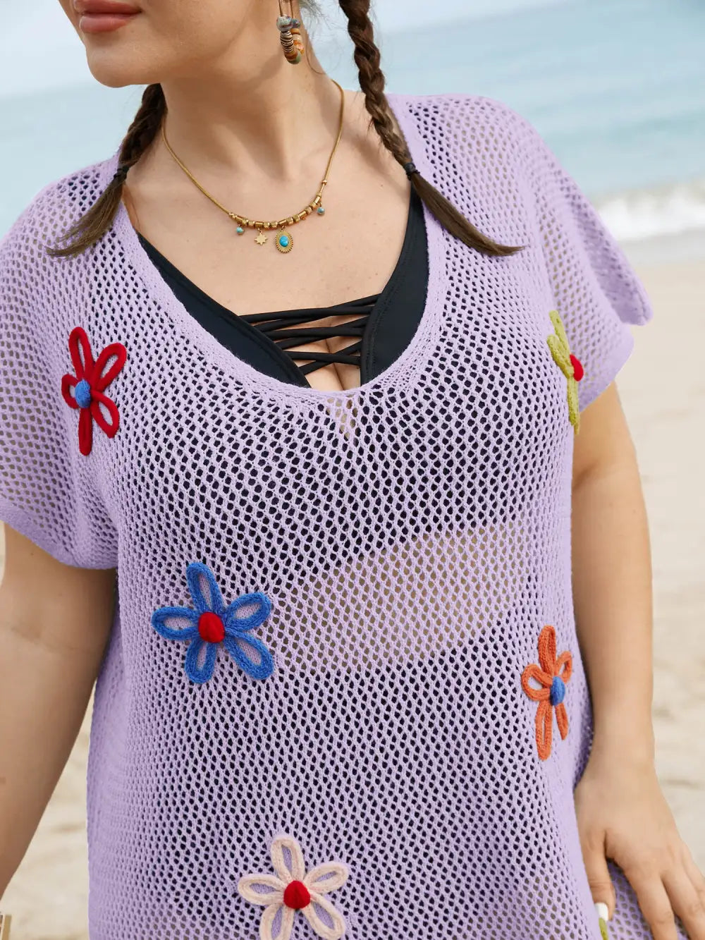 Stereo Flower Design Slit Hem Swim Cover Up