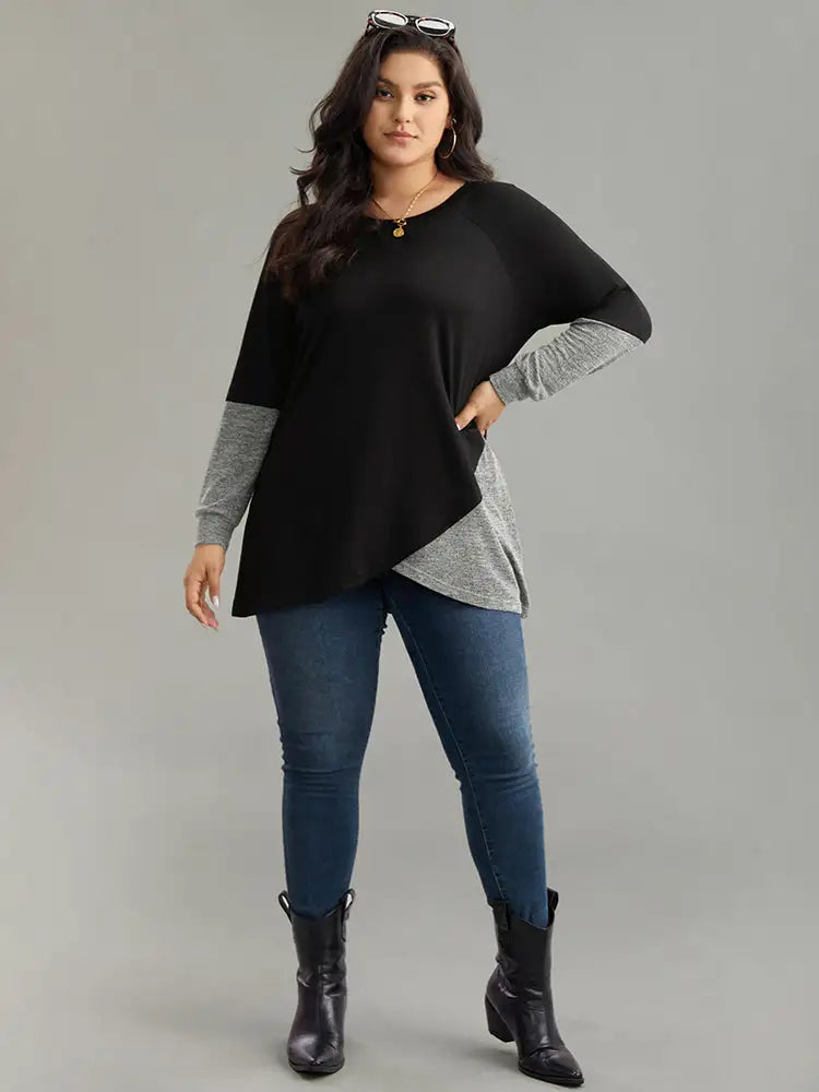 Two Tone Patchwork Heather Arc Hem T-Shirt