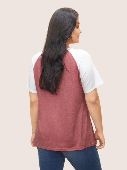 Colorblock Contrast Notched Raglan Sleeve T-Shirt