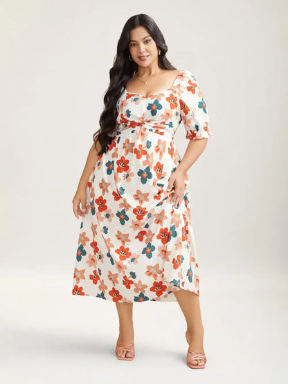 Sweet Floral Front-Twist Lined Maxi Dress
