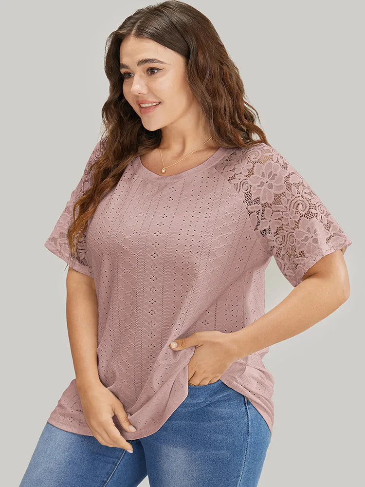 Solid Broderie Anglaise Lace Raglan Sleeve T-shirt