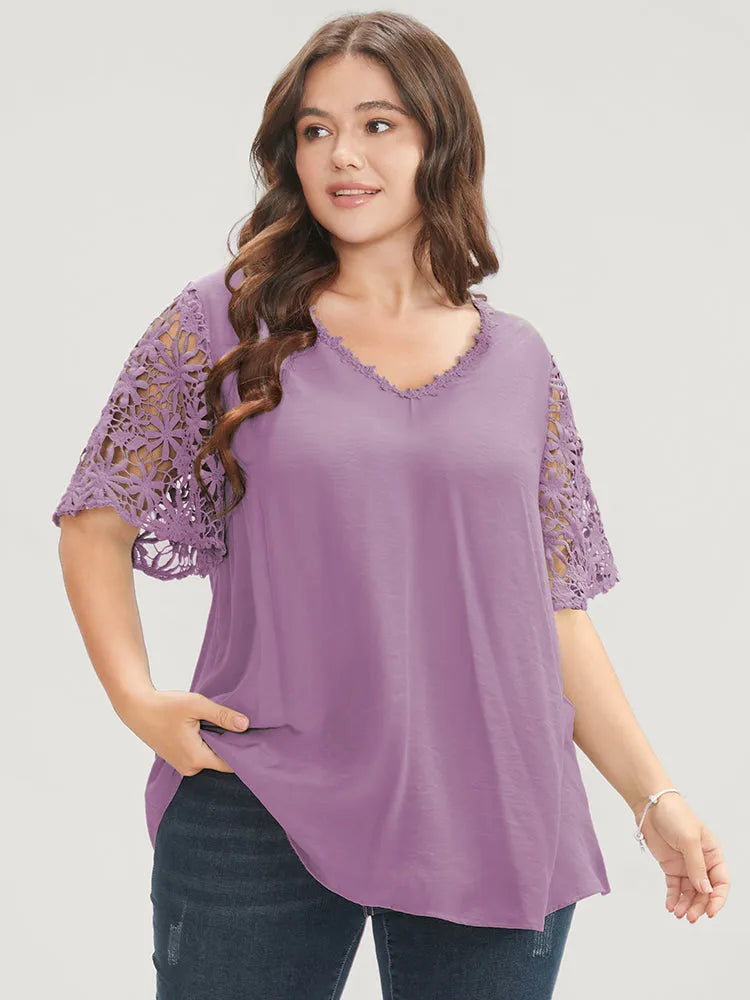 Plain V Neck Floral Patchwork Blouse