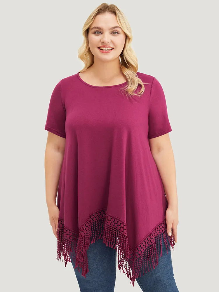 Solid Round Neck Lace Fringe Hem T-shirt