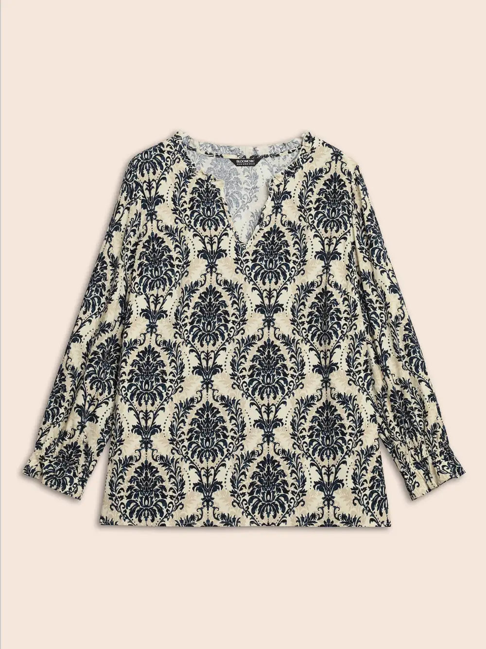 Boho Print Frill Trim Slit Hem Blouse
