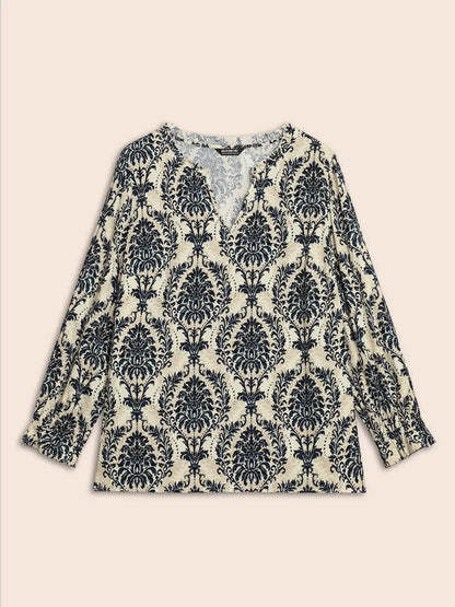 Boho Print Frill Trim Slit Hem Blouse