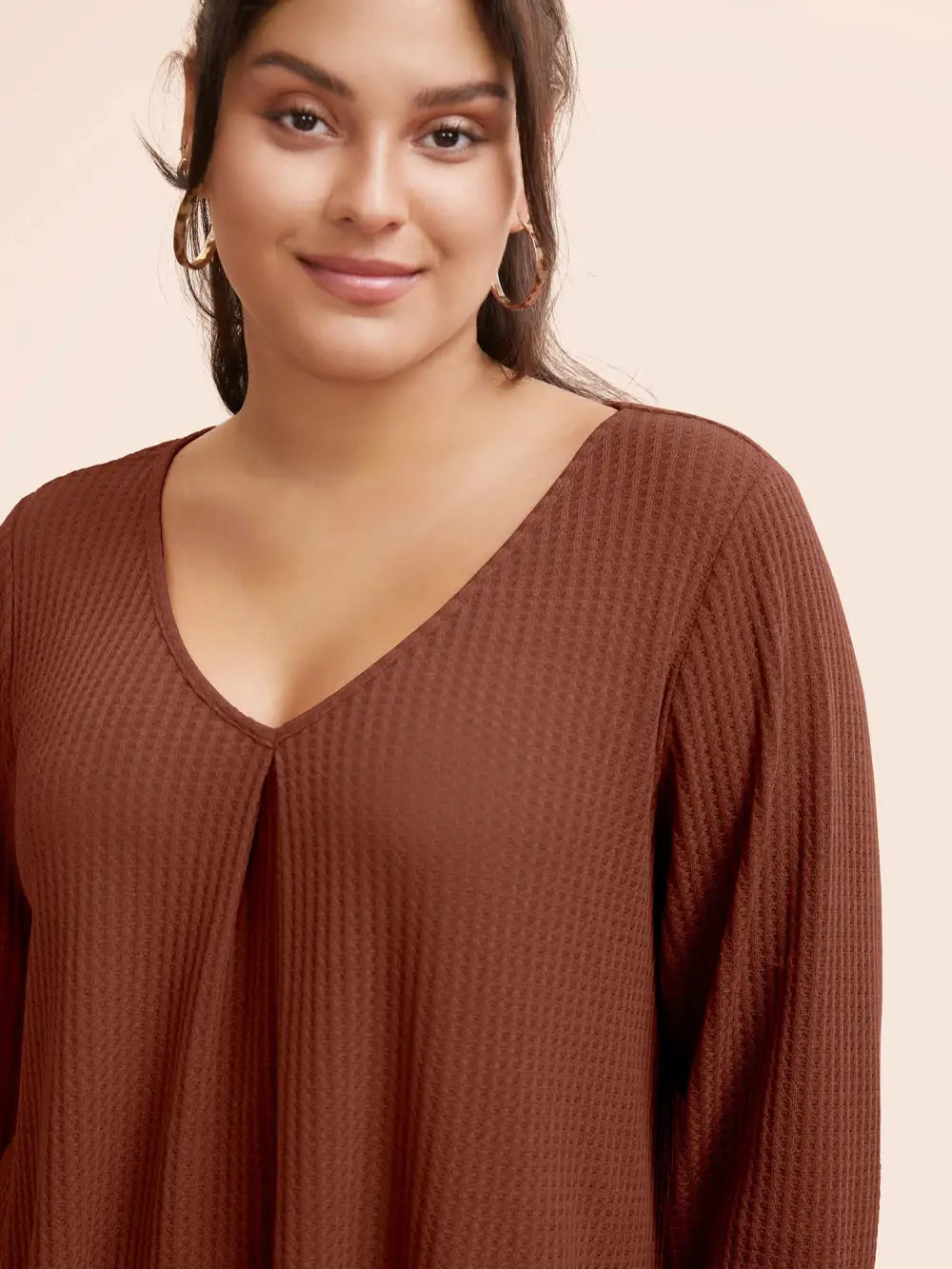 Plain Waffle Knit Scoop Neck Plicated Detail T-Shirt
