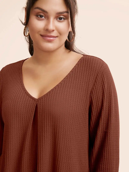 Plain Waffle Knit Scoop Neck Plicated Detail T-Shirt