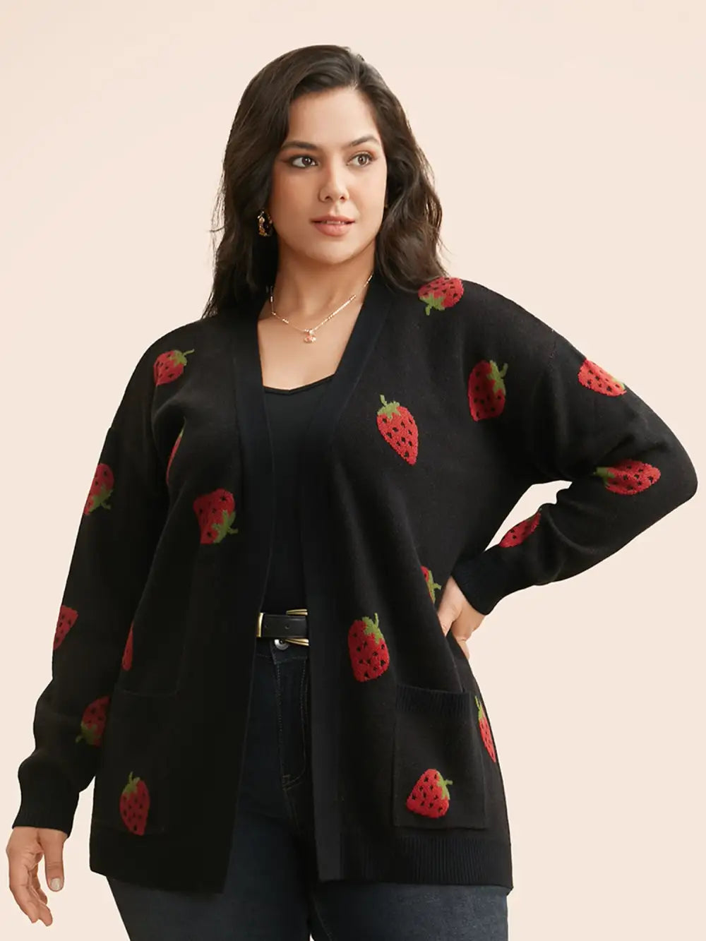 Strawberry Jacquard Patch Pocket Cardigan