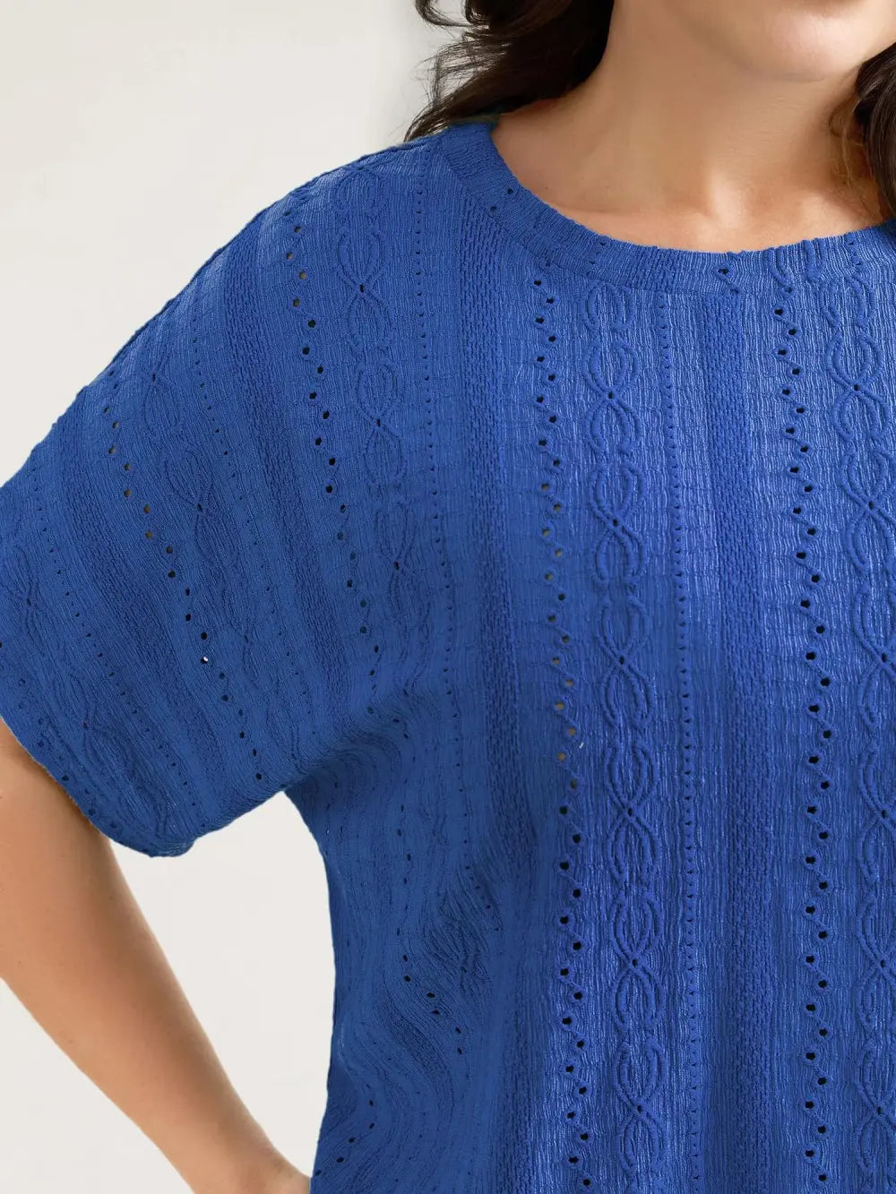 Eyelet Trim Stretchy Textured Plain Top