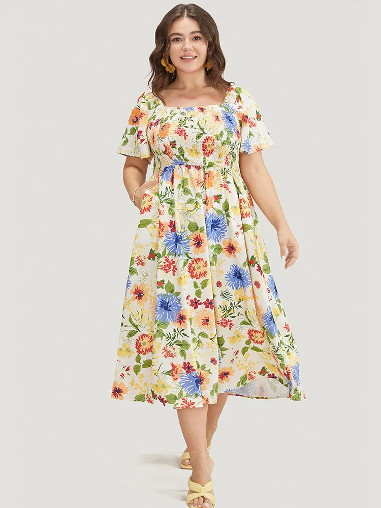 Floral Backless Shirred Square Neck Pocket Ruffle Hem Dress