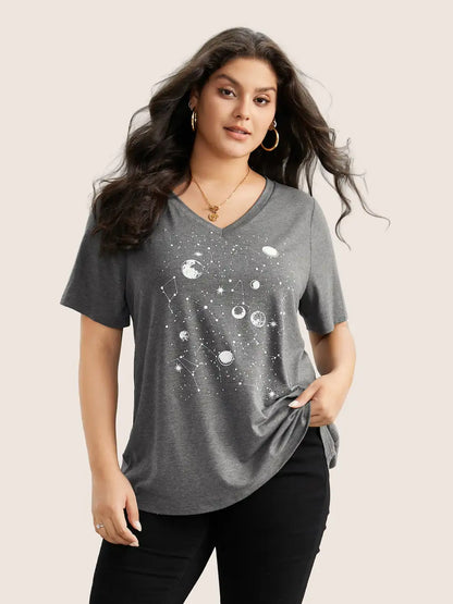 Moon And Star Print V Neck T-Shirt