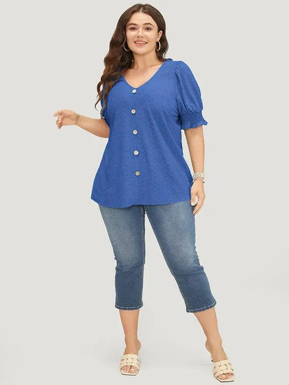 Plain Broderie Anglaise Shirred Puff Sleeve Button Detail T-shirt
