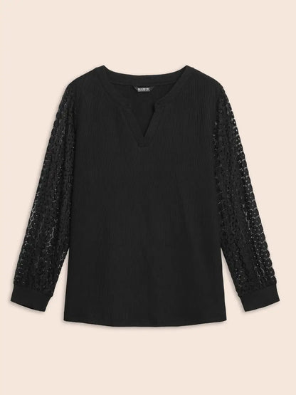 Notched Crochet Lace Mesh T-Shirt