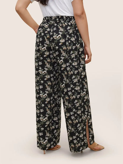 Ditsy Floral Ties Split Hem Wide Leg Pants