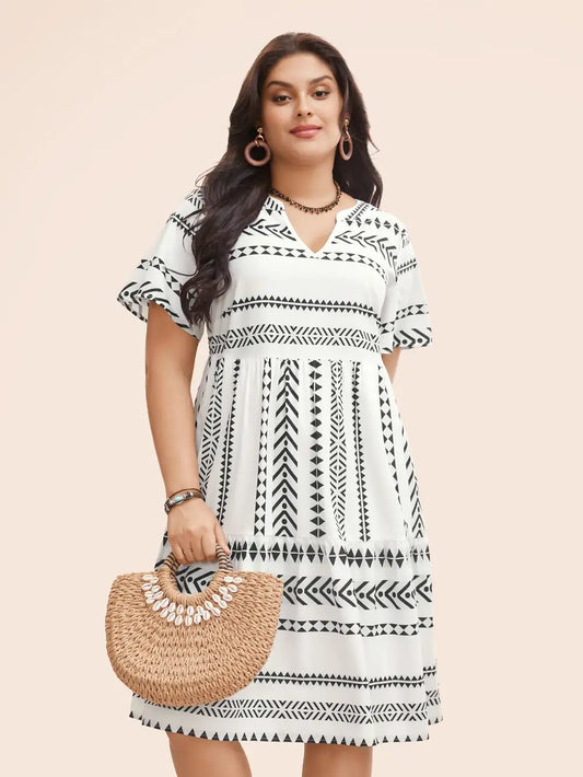 Bandana Geometric Ruffle Sleeve Babydoll Dress