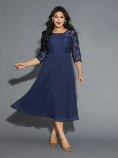 Lace Patchwork Shirred Midi Pocket Dress